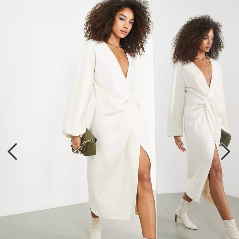 ASOS EDITION textured jersey slouchy midi dress with drape front in cream